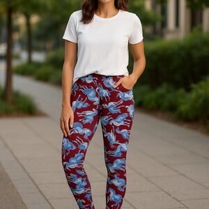 LuLaRoe Womens Leggings OS Actual UNICORN Print Patterned Burgundy Wine Blue NEW